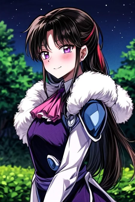 masterpiece, best quality 1girl Setsun4 solo long hair, (night time) forest background black hair very long hair purple eyes multicolored hair armor (fur trim) (medium body),<lora:EMS-179-EMS:0.800000>,<lora:EMS-293862-EMS:0.800000> bow, hair_bow, hair_tubes, red_bow, brown_hair, long_hair, bangs, ascot, frilled_bow, yellow_ascot, blush, smile, hair_between_eyes, athletic, armor