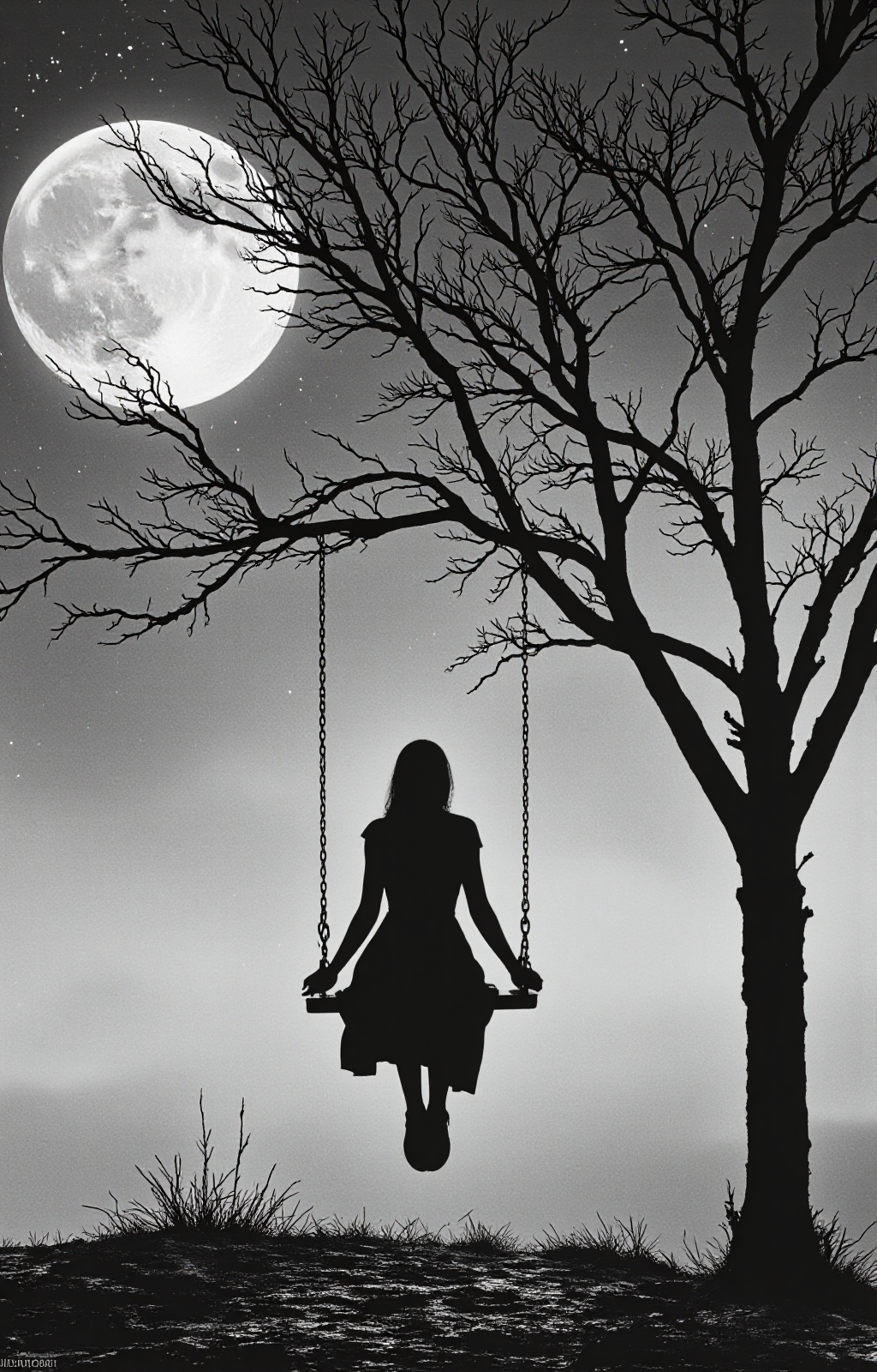 black-and-white photograph captures a hauntingly beautiful scene of a solitary figure sitting on a swing. The image is set against a gradient sky transitioning from a dark, star-filled night to a lighter, more serene morning. A large, full moon dominates the upper left quadrant, its luminous glow casting a soft, ethereal light across the scene. The figure, whose gender is indistinguishable due to the silhouette, sits on a swing hanging from a bare tree with twisted, leafless branches. The swing is positioned slightly to the right of center, with the figure sitting at the very edge, their legs dangling. The swing's chains are clearly visible, hanging down to the ground. The figure appears to be wearing a dress, with their arms resting on their lap. The ground beneath the swing is dark and textured, suggesting a rocky or uneven surface. The overall mood is melancholic and contemplative, enhanced by the stark contrast between the dark, detailed silhouette of the figure and the lighter, more diffuse background. The photograph is a striking example of minimalist art, emphasizing the interplay between light and shadow, and the human form in a natural setting., <lora:aidmaImageUpraderv0.3:0.4>, aidmaimageupgrader, <lora:diffusion_pytorch_model:1>, <lora:aidmaMJ6.1_v0.5_3:0.7>, aidmaMJ6.1, ultra quality, ultra detailed, intricate details