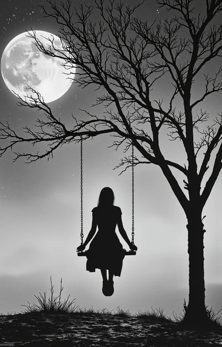black-and-white photograph captures a hauntingly beautiful scene of a solitary figure sitting on a swing. The image is set against a gradient sky transitioning from a dark, star-filled night to a lighter, more serene morning. A large, full moon dominates the upper left quadrant, its luminous glow casting a soft, ethereal light across the scene. The figure, whose gender is indistinguishable due to the silhouette, sits on a swing hanging from a bare tree with twisted, leafless branches. The swing is positioned slightly to the right of center, with the figure sitting at the very edge, their legs dangling. The swing's chains are clearly visible, hanging down to the ground. The figure appears to be wearing a dress, with their arms resting on their lap. The ground beneath the swing is dark and textured, suggesting a rocky or uneven surface. The overall mood is melancholic and contemplative, enhanced by the stark contrast between the dark, detailed silhouette of the figure and the lighter, more diffuse background. The photograph is a striking example of minimalist art, emphasizing the interplay between light and shadow, and the human form in a natural setting., <lora:aidmaImageUpraderv0.3:0.4>, aidmaimageupgrader, <lora:diffusion_pytorch_model:1>, <lora:aidmaMJ6.1_v0.5_3:0.7>, aidmaMJ6.1, ultra quality, ultra detailed, intricate details