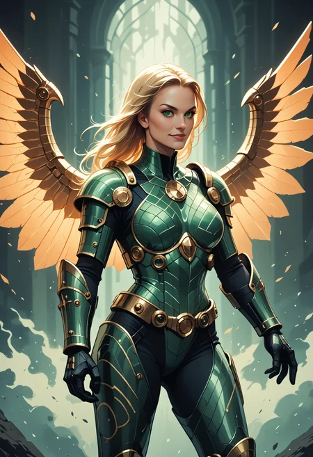 score_9, score_8_up, score_7_up, 
1girl, armor, spiked mace weapon, wings, solo, shoulder armor, blonde hair, green eyes, smile, pauldrons, looking at viewer, action pose, power armor, codeandigital, matrix, matrix codes, ai, ai consciousness, digital world, digital, science fiction,
