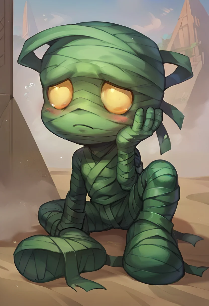 score_9, score_8_up, score_7_up, score_6_up, 4mumu, mummy, 1boy, male focus, yellow eyes, bandages, full body, <lora:Amumu_Default_v1:0.8>, blush, solo, looking at viewer