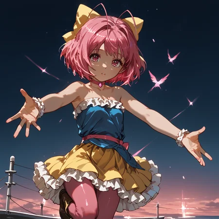 PonyScores7, source_anime, ah1, <lora:natsumi_style:1>, BREAK 1girl, (uneasy look, darting eyes, pursed lips), (Arms stretched overhead reaching for the sky), (Boat Race), looking at viewer, (<lora:kanon-nakagawa-s1s2-ponyxl-lora-nochekaiser:0.8> kanon nakagawa, short hair, pink hair, hair bow, pink eyes, antenna hair,, skirt, pantyhose, boots, choker, idol, pink pantyhose, frills, yellow skirt, frilled skirt, sleeveless, bare shoulders, collarbone, dress, blue dress, strapless, strapless dress,), BREAK <lora:xl_more_art-full_v1:0.2>, <lora:shinyskin2:0.2> glistening skin, <lora:aesthetic_anime_v1s:0.2>, <lora:Expressive_H:0.2> Expressiveh, <lora:hairdetailpxl:0.2> hairdetailpxl, <lora:EpicF4nta5yXL:0.2>, <lora:detailxl:0.2> detailxl, <lora:Fant5yP0ny:0.2>, best quality, amazing quality, best aesthetic, absurdres, <lora:expressive eyes:0.2> expressive eyes, <lora:eyedetailpxl:0.2> eyedetailpxl, illustration, Volumetric_Lighting, ultra-detailed, very aesthetic, intricate details, 8k, masterpiece, best_quality, BREAK (Golden Ratio shot), BREAK <lora:Eyes_High_Definition:0.3> EyesHD, Stable_Yogis_PDXL_Positives, AS-Adult, <lora:Complicated fantasy portrait - XL Pony V2.0:0.4>, bad-hands-5,