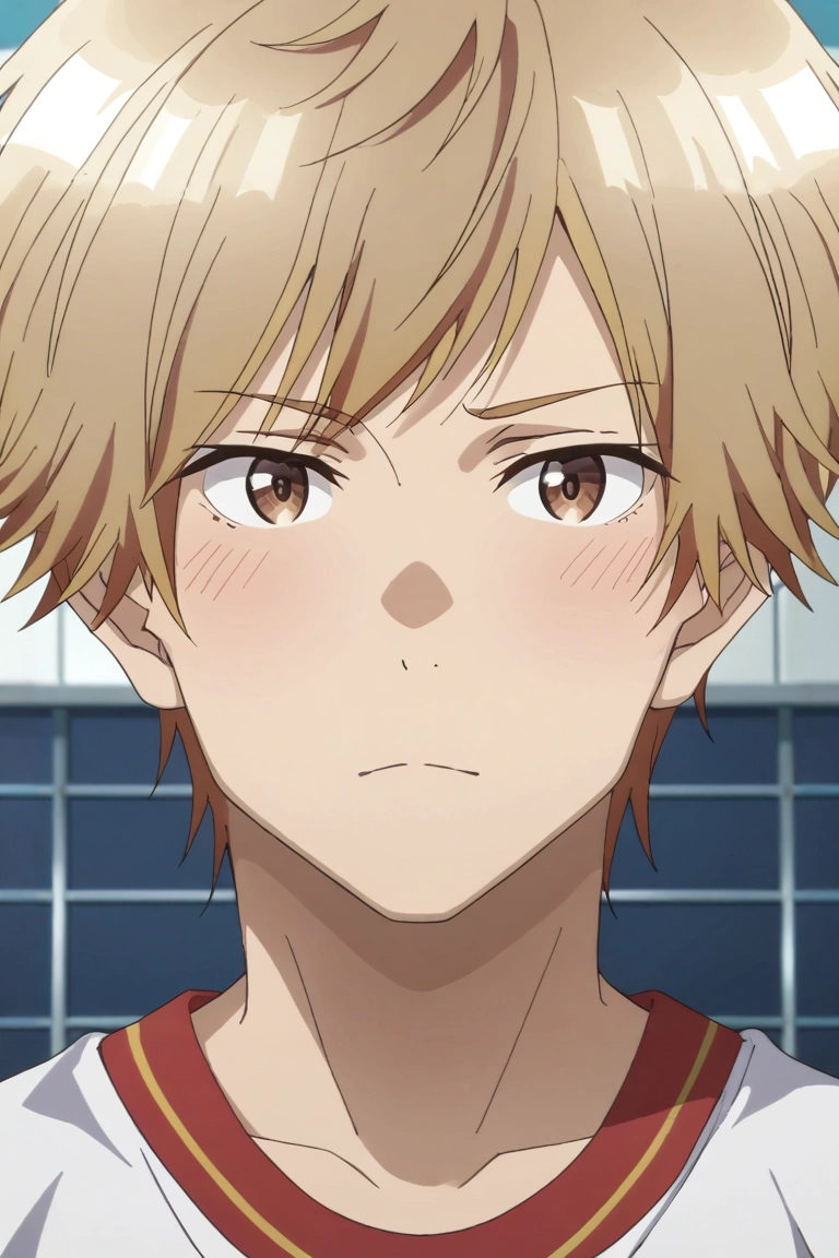 score_9, score_8_up, score_7_up, , rating_safe, intricate details, , looking at viewer, , 1boy, solo, male focus, <lora:shuuji_nakamura_pony:0.96>, shuuji_nakamura, blonde hair, brown eyes, short hair, symmetry, gym, dusk, villain pose, shy, blush, carnival costume, <lora:sdxl_lightning_8step_lora:1>