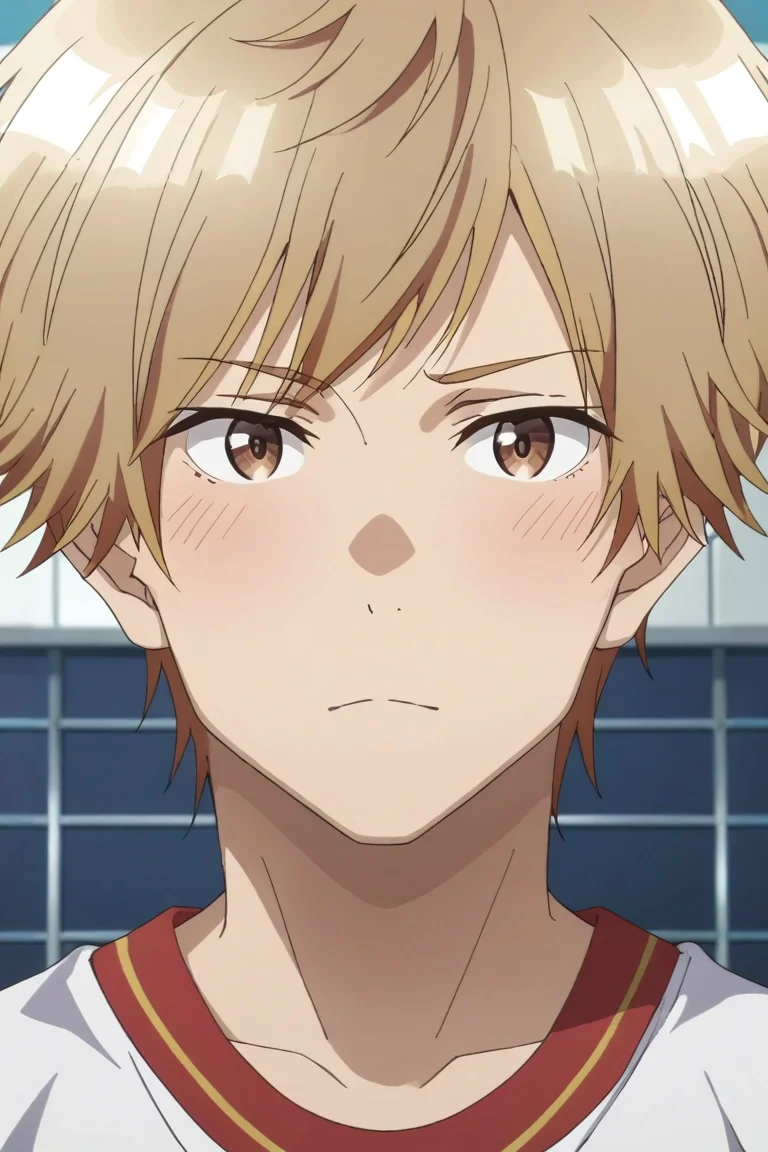 score_9, score_8_up, score_7_up, , rating_safe, intricate details, , looking at viewer, , 1boy, solo, male focus, <lora:shuuji_nakamura_pony:0.96>, shuuji_nakamura, blonde hair, brown eyes, short hair, symmetry, gym, dusk, villain pose, shy, blush, carnival costume, <lora:sdxl_lightning_8step_lora:1>