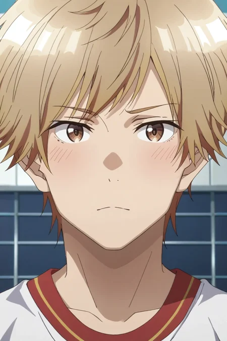 score_9, score_8_up, score_7_up, , rating_safe, intricate details, , looking at viewer, , 1boy, solo, male focus, <lora:shuuji_nakamura_pony:0.96>, shuuji_nakamura, blonde hair, brown eyes, short hair, symmetry, gym, dusk, villain pose, shy, blush, carnival costume, <lora:sdxl_lightning_8step_lora:1>