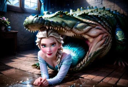 Vore scene. 1 woman, 1 alligator. Hyperrealistic. Woman inside alligator. Alligator is swallowing Elsa. feet first. feet and legs of the Elsa are gone, inside the alligator. Only the torso and head are still out, visible. Woman inside alligator mouth. Alligator attacking woman. photo a woman being eaten by a large alligator, head first. Perfect anatomy, Elsa, expressive face,beautifully drawn face.
(masterpiece), (64k), intricate details, (highly detailed), photorealistic, cinematic lighting, shading, (best quality), absurd, (ultra high-resolution), ultra-detailed, cgi, (lineart), (depth of field), light particles, (hyper detailed), elaborated features, (volumetric lighting),crocodile, aligator, vore, violent, devour,cleavage, blue dress, single braid over shoulder,ElsaXPL