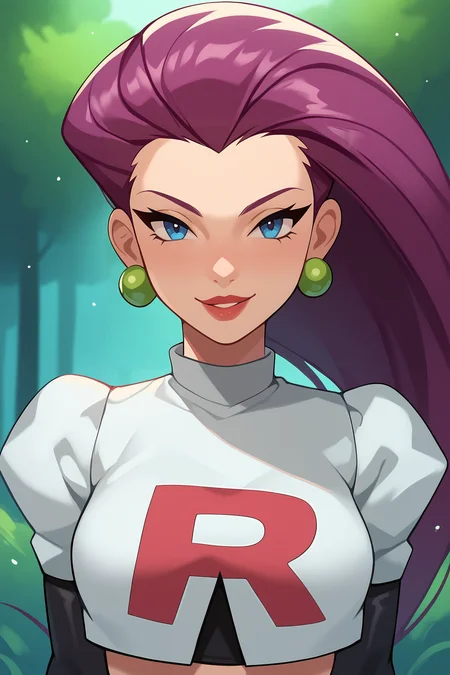 score_9, score_8_up, score_7_up, score_6_up, BREAK, JessiePXL, blue eyes, purple hair, long hair, hair slicked back, earrings, medium breasts, team rocket uniform, white crop top, elbow gloves, black gloves, solo, front view, (portrait, upper body), solo focus, seductive smile, looking at viewer, forest <lora:JessiePXL:1>