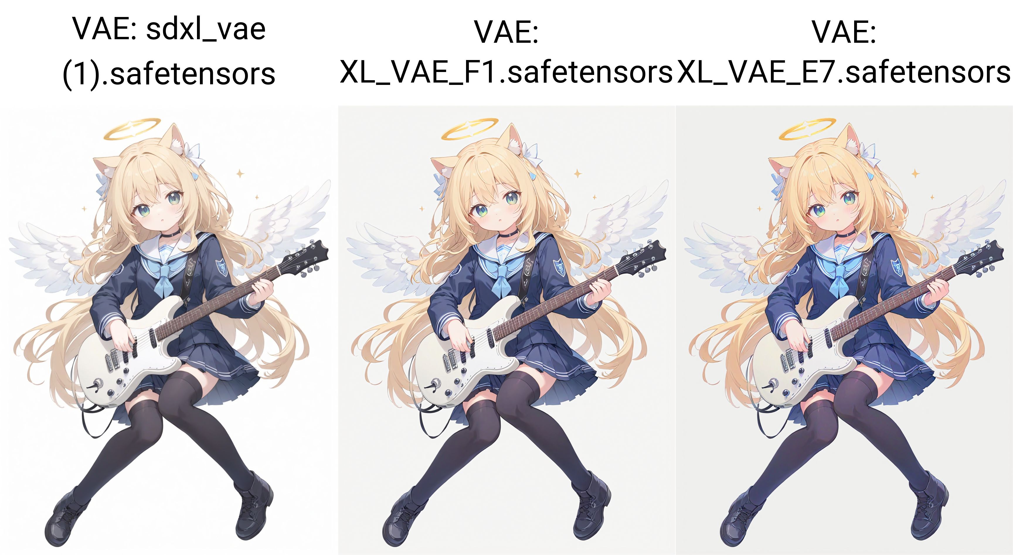 white background,semilong wavy blonde hair,angel wing,Angel Halo,full body,(school uniform:1.2),black thighhighs,cute,cat ears, white background,play the guitar