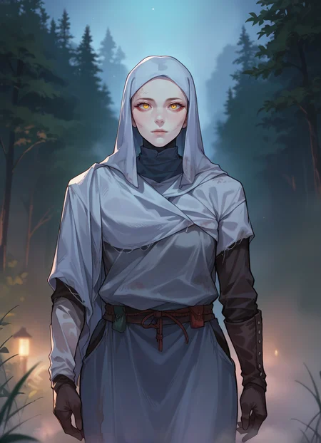 score_9, score_8_up, score_7_up, source_anime, 1girl, standing, night, forest, blurred background, (fog:1.2), curvy, solo, white-faced_varre, hood, mask, yellow eyes, <lora:white-faced_varre:0.9>