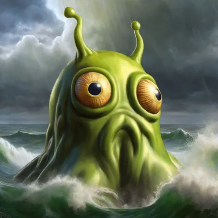 A brain slug as Cthulhu is rising from the sea in a great storm <lora:SDXL-BrainSlug-Lora:1>, Very detailed, clean, high quality, sharp image, based on H.P Lovecraft stories, Naoto Hattori
