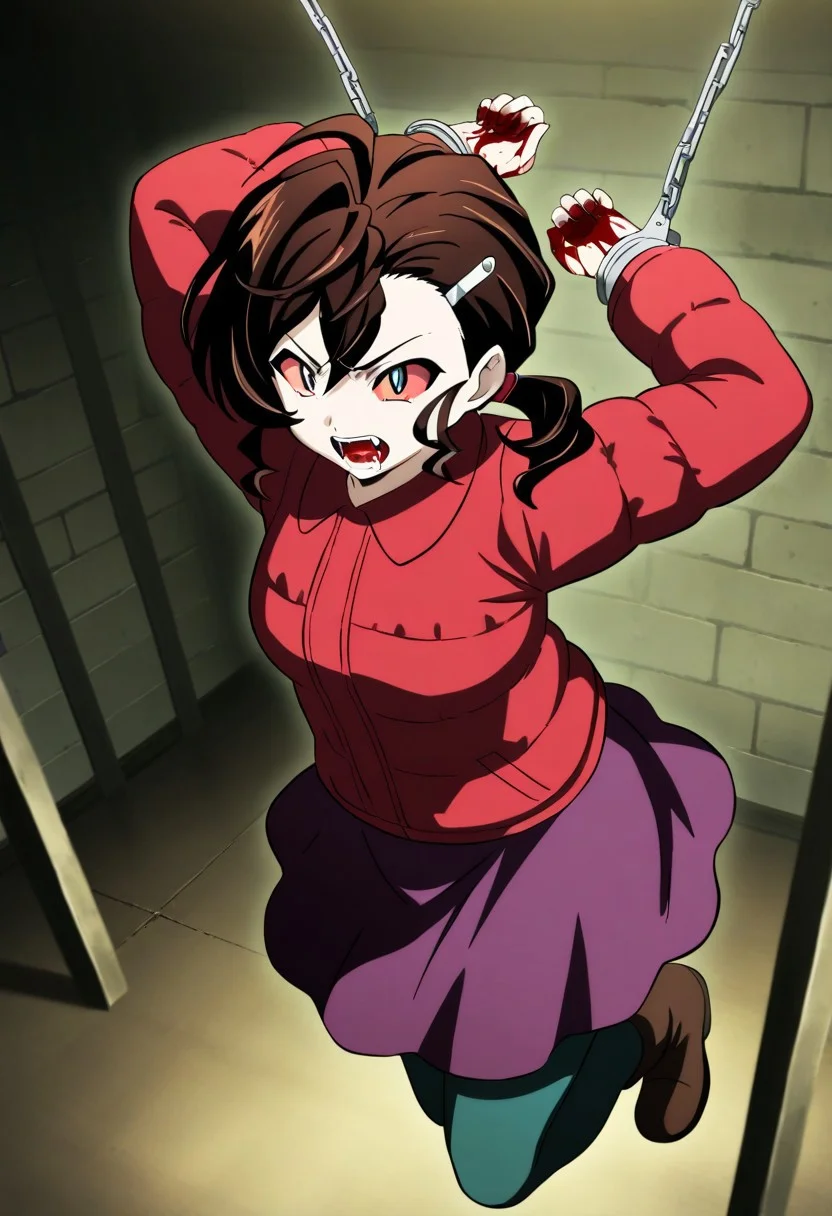 1girl,Inuyama Mana,GeGeGe no Kitarou,year 2019,(solo),Prison,1 hair tie,(fangs:1.2),pale skin,screaming,restrained,arms behind head,handcuffs,floating,chained,(lavenderblush skirt:1.2),crimson (Down jacket:1.3),(Placket jacket:1.3),(red sclera:1.5),blood dripping from mouth,(blood on hands:1.5),(single hair intake:1.5),wavy hair,swept bangs and (hair pulled back:1.2),hair between eyes,(low ponytail),Ahoge,(Brown:1.5) medium hair,sideburns,Brown ankle boots,pantyhose,Brown ankle boots,1 silver hairpin,grey eyes,masterpiece, best quality, very aesthetic, absurdres,perfect