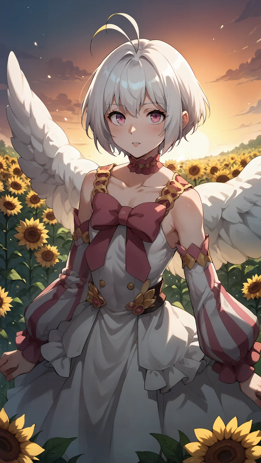 score_9,score_8_up,score_7_up,score_6_up, source_anime, zPDXL, girl, white hair, ahoge, antenna hair, pink eyes, white dress, long sleeves, bare shoulders, bow, frills, angel wings, striped sleeves, <lora:Wakfu_CartoonV02:0.5>, <lora:xl_more_art-full_v1:0.5>, <lora:Fitoria - Pony-000004:0.8>, (feminine pose), field of sunflowers, pedals, sunset,