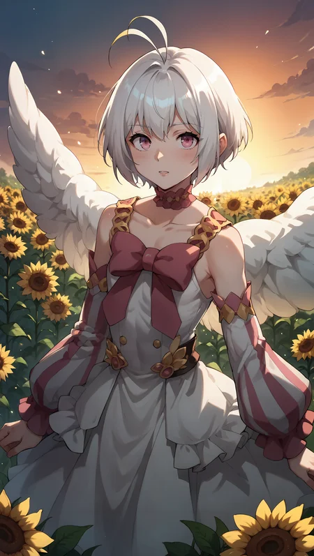 score_9,score_8_up,score_7_up,score_6_up, source_anime, zPDXL, girl, white hair, ahoge, antenna hair, pink eyes, white dress, long sleeves, bare shoulders, bow, frills, angel wings, striped sleeves, <lora:Wakfu_CartoonV02:0.5>, <lora:xl_more_art-full_v1:0.5>, <lora:Fitoria - Pony-000004:0.8>, (feminine pose), field of sunflowers, pedals, sunset,
