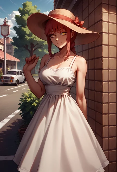Score_9, Score_8, Makima (Chainsaw Man), Sun dress, large hat, looking at viewer, 
Street Corner Setting,