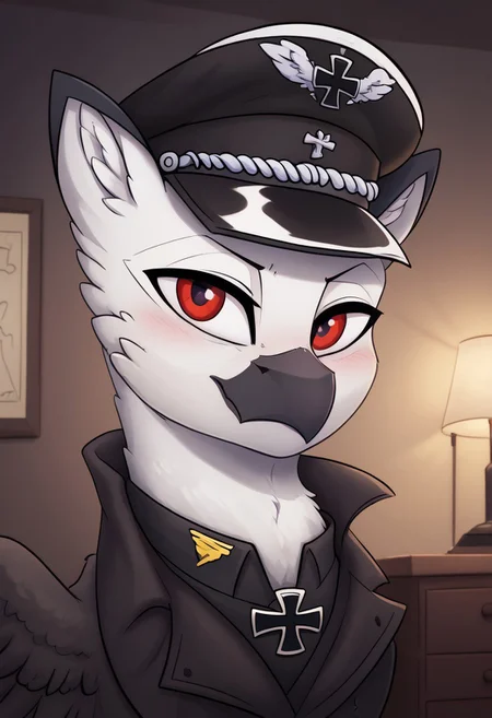 score_9, score_8_up, score_7_up, score_6_up, score_5_up, score_4_up, g4, solo, male, Ferdinand Dawnclaw, griffon, albino, avian, feral, male, (((beautiful detailed red eyes))), looking at the viewer, white hair, fluff in ears, black beak, closed mouth, smile, white feathers, black talons, wings, portrait, military, black military uniform, iron cross, peaked cap, cabinet, maps, serious, night, lamp, look at you, look at you, blushing, cute, glare, high res, face, portrait, bust