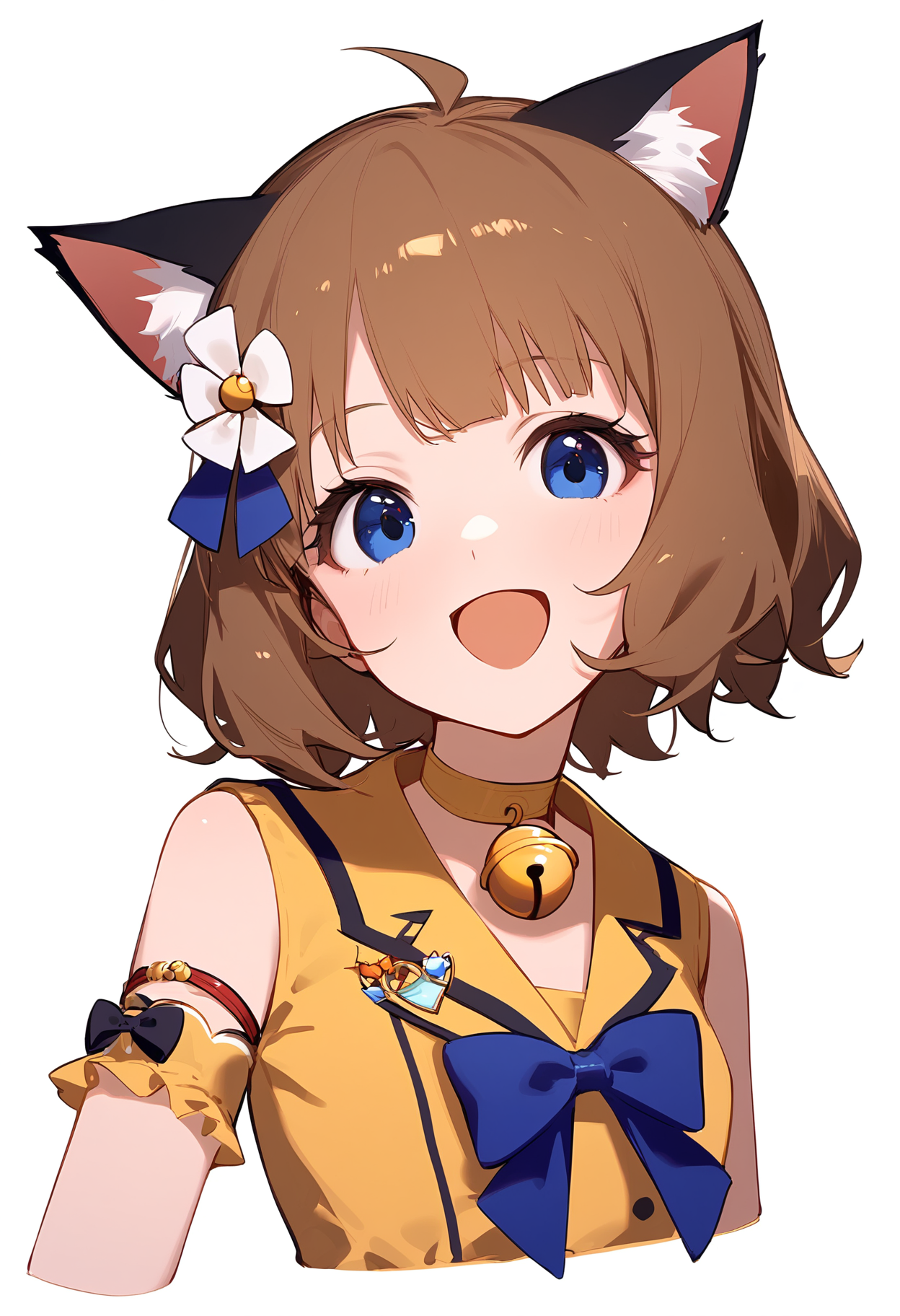 1girl,
suou momoko,


blush, animal ears, neck bell, short hair, armlet, white background, jingle bell, wristband, open mouth, :d, hair ribbon, yellow shirt, collared shirt, cropped torso, ribbon, bell, shirt, cropped arms, yellow choker, blue ribbon, blue eyes, simple background, yellow bow, cat ears, looking at viewer, choker, smile, white bow, yellow ribbon, solo, brown hair, bow, ahoge,

sfw
<lora:a31_char_new_suou_momoko-000026:1> <lora:a31_style_koni-000010:0.8>