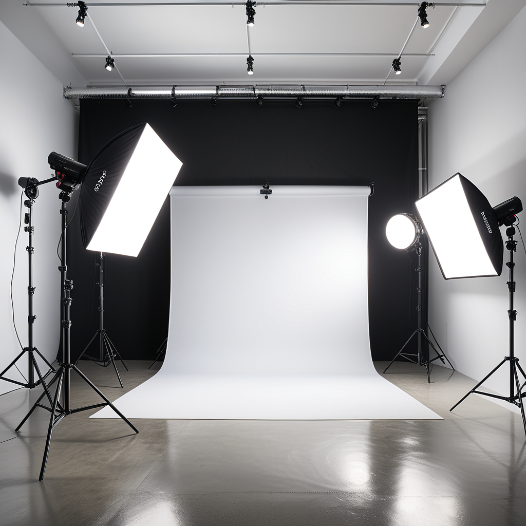 A professional photography studio with a clean and modern design. The space is open and spacious, with smooth white walls and a polished concrete floor. A large white backdrop extends across one wall, seamlessly curving into the floor to create an infinity effect. In front of the backdrop, a professional photography setup includes several pieces of equipment: a tripod-mounted DSLR camera positioned at the center, two large softbox lights on either side emitting a diffused, even glow, and a ring light mounted near the camera for additional lighting. A reflector disk and a light stand with a boom arm are placed nearby, adding to the setup.The atmosphere is organized and professional, with an emphasis on functionality and creativity. The lighting is bright and even, designed to create perfect conditions for capturing high-quality images.
<lora:SDXLFaeTastic2400:0.4> <lora:extremely_detailed:0.4> extremely detailed, Masterpiece,best quality,hi res,8k,hi res,8k,award winning,(sharp focus, intricate, highly detailed),