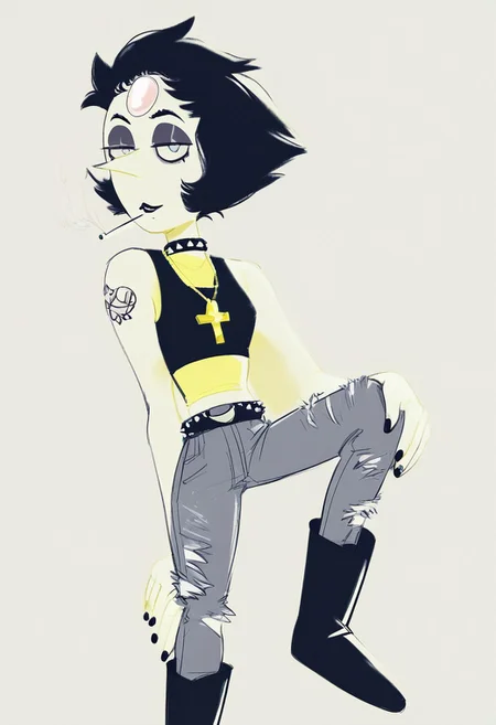 dsk_death, 1girl, solo, pearl, black hair, choker, necklace, cross necklace, nail polish, black tank top, yellow star shirt, tattoo, cargo pants, midriff, lipstick, makeup, belt, spiked hair, black boots, makeup,  BREAK zPDXL2, smoking, gothboots, boots with straps, knee high boots, ripped jeans,