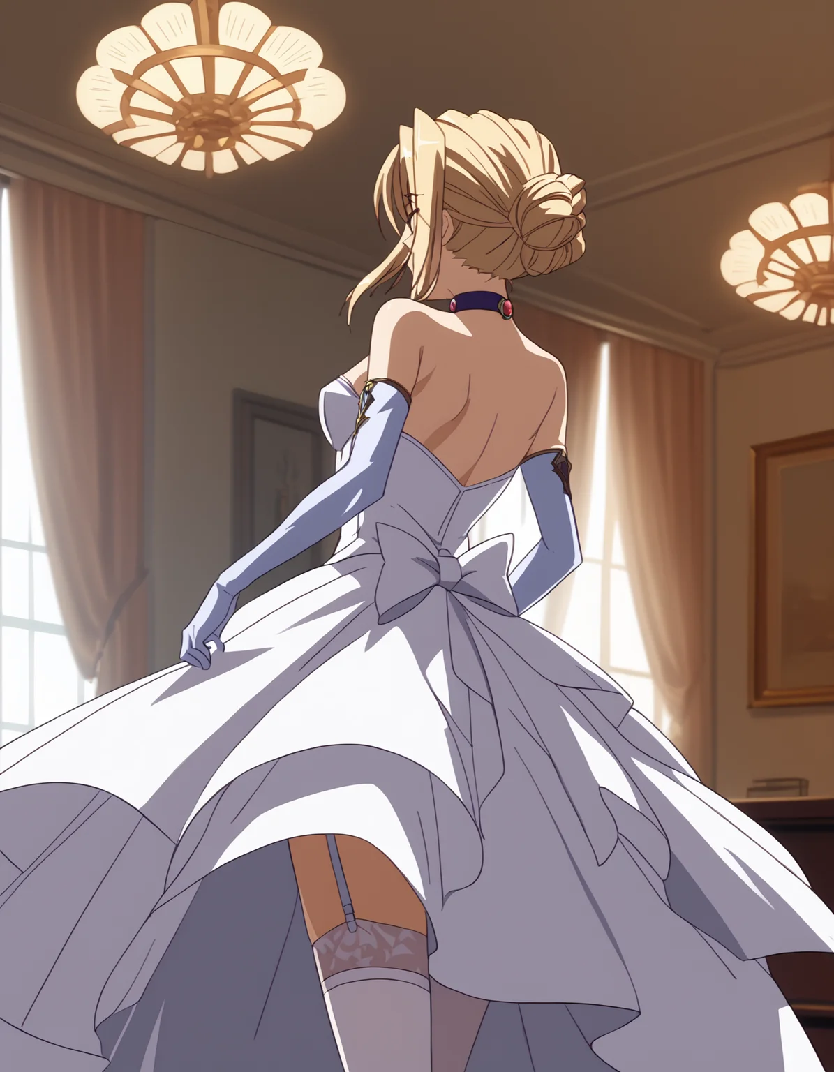 score_9, score_8_up, score_7_up, <lora:sylvia-ponyxl:0.95> hossen, choker, elbow gloves, sleeveless dress, bare shoulders, garter straps, white thighhighs
1girl, solo, dancing, ballroom, indoors, cowboy shot