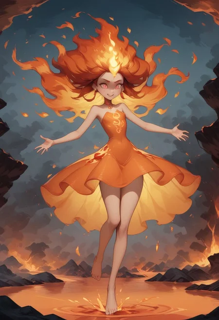score_9, score_8_up, score_7_up, 1girl, fire sylph, pool of lava, lava rivers, magma, lava bubbles, dripping lava, body made of flame, skin on fire, floating, slim, wearing flaming sundress, lava dripping from body, arms out to sides, feet together, glowing eyes, sensual, radiating fire energy, flames covering body