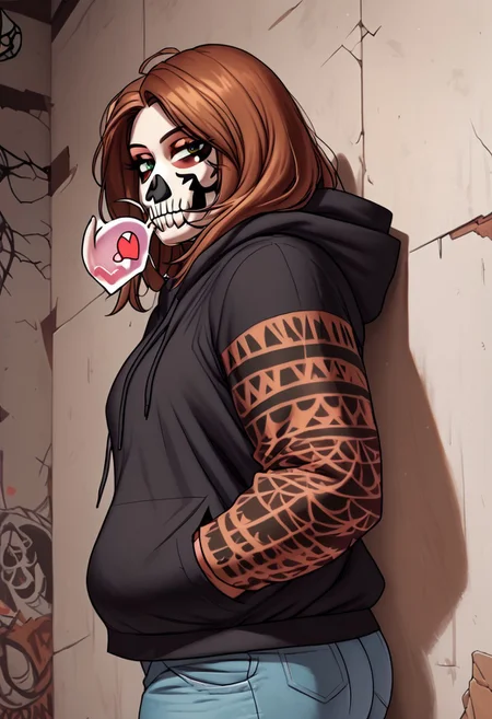 <lora:Meesh_Style_B:0.8>, meesh, by meesh, score_9, score_8_up, score_7_up, score_6_up, score_5_up, score_4_up, (1girl, Yona, anthro yak, perfect proportions, perfect body, bbw, obese, fat, big butt, plump, thick arms, thick thighs, seductive, larger breasts, soft breasts, fluffy breasts, massive nipples, massive areolas, giant woman),
goth girl outfit (solo, black hoodie, jean shorts, black thighhighs, black choker), pose (solo, indoors, standing alone, back against wall, arms down, hands in hoodie pocket, looking at viewer, sexy expression, blowing kiss, seductive eyes}, skull makeup, view from front skull tattoo, facial_tattoo, skeleton makeup, skull facepaint