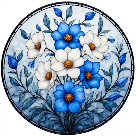 ArsMJStyle, art nouveau,, The image shows a round stained glass plate with a painting of blue and white flowers and leaves on a white background., no humans, flower, still life, blue flower, white background, simple background, leaf, white flower