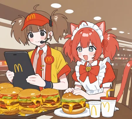 masterpiece, best quality, very aesthetic, absurdres,
<lora:Expressive_H:1> Expressiveh,
indoors, wall, mcdonald's, restaurant,
2girls, (standing, holding tablet:1.2),
<lora:wchi_XL_v1:0.7> wchi, perfect smile,
necktie, twintails, visor cap, brown hair, ahoge, black eyes, headset, vertical-striped shirt, wristband, short sleeves, collared shirt, eyebrows visible through hair, blunt bangs, yellow jacket, badge, blush stickers,
looking away, from front, from below,
BREAK
masterpiece, best quality, very aesthetic, absurdres,
<lora:Expressive_H:1> Expressiveh,
indoors, wall, mcdonald's, restaurant,
2girls, (sitting on chair:1.2), burger, juice,
<lora:spakamiKarubiXLPony:1.0> karubidef, smile, open mouth, excited, sparkling aura,
blue eyes, red hair, ahoge, (cat ears:1.2), animal ear, fluff, tail, hair ribbon, dress, red dress, red bow, white apron, puffy short sleeves,
looking away, from side,