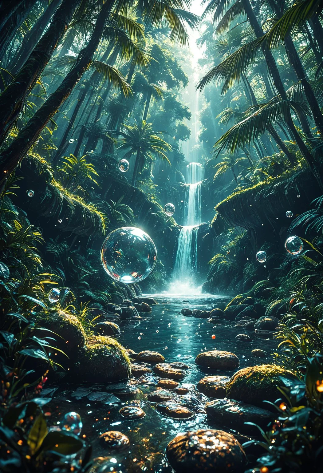 SmoothNoob_Quality, tropical forest, otherworldly, science fiction, floating bubbles, floating particles, water drop, scenery, wide shot, <lora:Smooth_Booster:0.5>