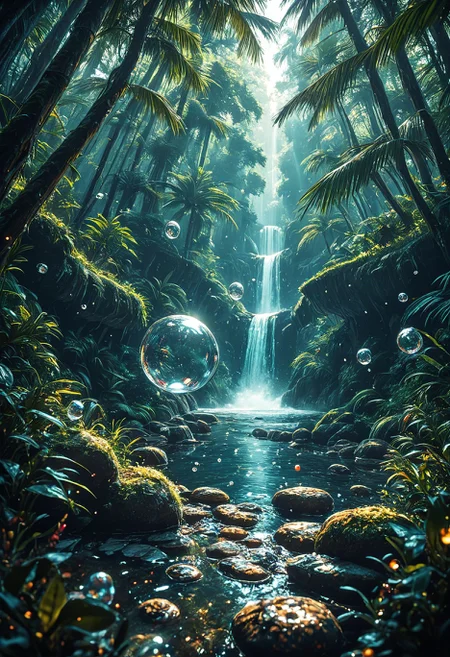 SmoothNoob_Quality, tropical forest, otherworldly, science fiction, floating bubbles, floating particles, water drop, scenery, wide shot, <lora:Smooth_Booster:0.5>βββ