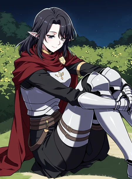 <lora:Aya_Grephin__The_Beginning_After_the_End__Illustrious:1>
1 girl, solo, female elf, medium length black hair, pointed ears, mole under left eye, black eyes,
dark red cape, red scarf, golden crest, white chest armor, silver gauntlets, armored gloves, black undershirt, dark skirt armor, waist belts, thigh armor, armored boots, cloak fluttering, fantasy knight outfit, fantasy style
score_9, score_8_up, score_7_up, very aesthetic, source_anime, detailed, high quality, beautiful, detailed eyes, masterpiece, best quality, absurdres, perfect anatomy, 1girl, solo, hugging your own legs, sitting, garden background, charming smile, night
