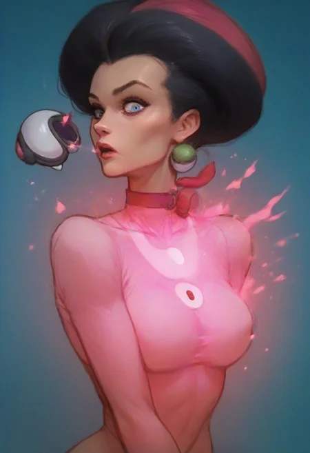 score_9, score_8_up, score_7_up, score_6_up, EPpkJessie, pokeball capture, energy conversion, pink glow, ((pink glowing body)),master ball, open pokeball, sucking into pokeball, surprised, looking at viewer, solo,