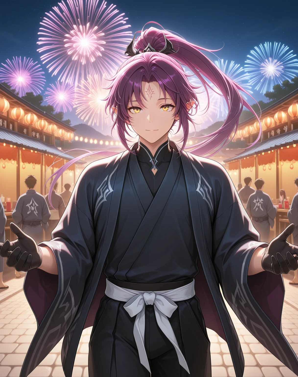 masterpiece,best quality,amazing quality, newest, very aesthetic, absurdres,
1boy, solo, yaoi, male focus, looking at viewer, cowboy shot,
<lora:Veigas_FSI_ilxl:1> veigasfsi, black gloves, forehead mark, pointy ears, purple hair, high ponytail,yellow eyes, floating hair,
yukata, open clothes,
outdoors, festival, night, fireworks, stone floor,