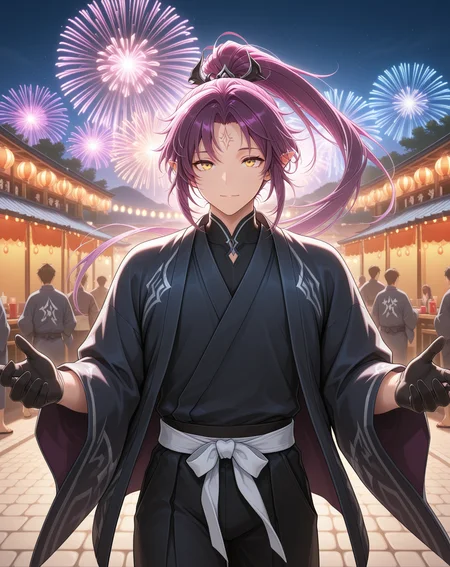masterpiece,best quality,amazing quality, newest, very aesthetic, absurdres,
1boy, solo, yaoi, male focus, looking at viewer, cowboy shot,
<lora:Veigas_FSI_ilxl:1> veigasfsi, black gloves, forehead mark, pointy ears, purple hair, high ponytail,yellow eyes, floating hair,
yukata, open clothes,
outdoors, festival, night, fireworks, stone floor,