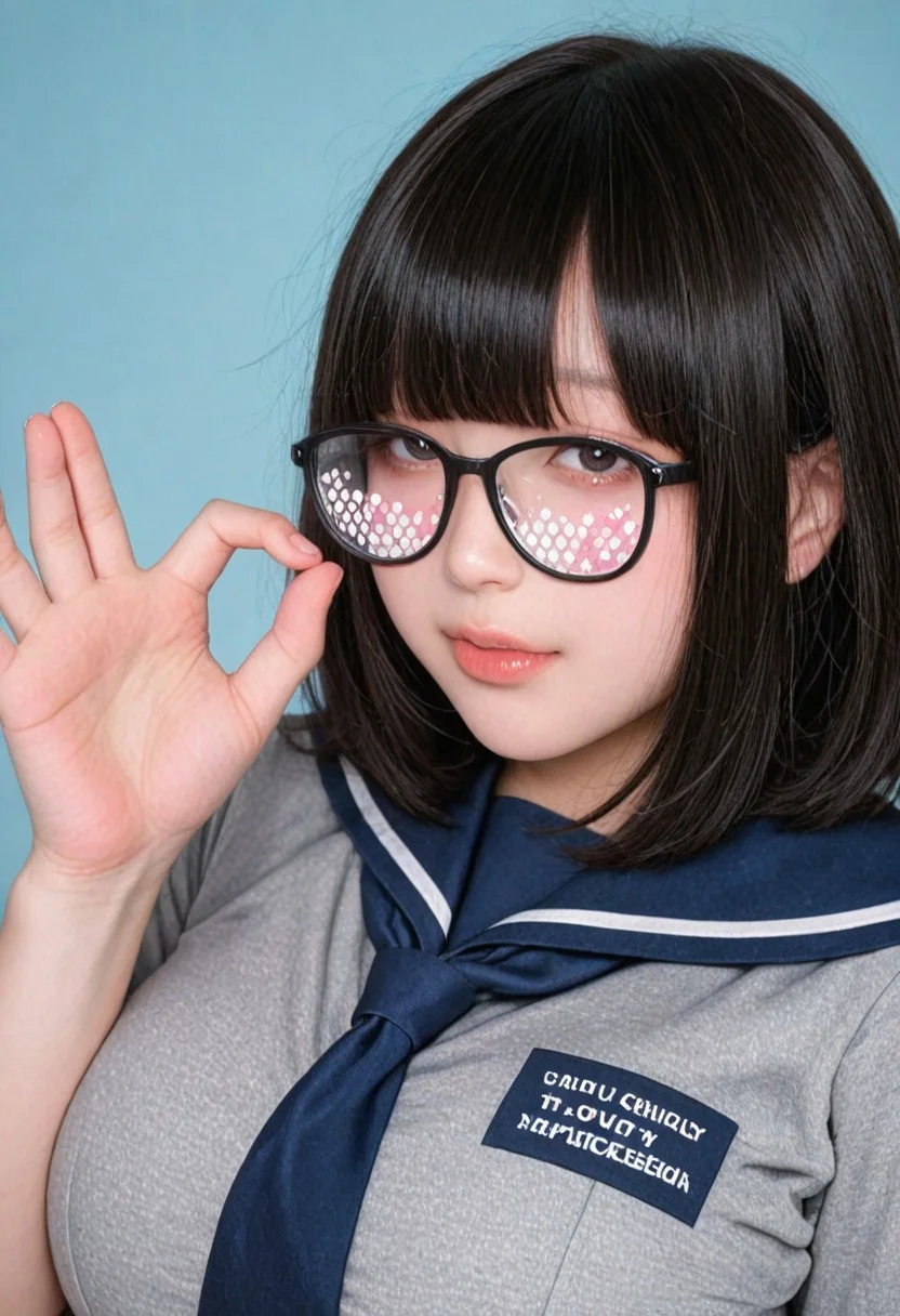 raytracing, very awa, high resolution, official art, realistic, masterpiece, best quality, (simple blue background), (Low brightness lighting), film grain, Film Still, realistic,photorealistic, super detailed skin, realistic skin, realistic human skin, Realistic skin tones, ((huge breasts)), Three-dimensional skin, kawaii girl, jiraikei face, (18-year-old), (Korea Cosplayers), (Taiwan Cosplayers), (Japanese Cosplayers),
BREAK
(ars almal:0.9) ,virtual youtuber, hololive, nijisanji.jp,
BREAK
Black hair, (Random black-rimmed glasses), (half-closed eyes:0.8),(Random nerdy girl),(Random school micro uniform),
BREAK