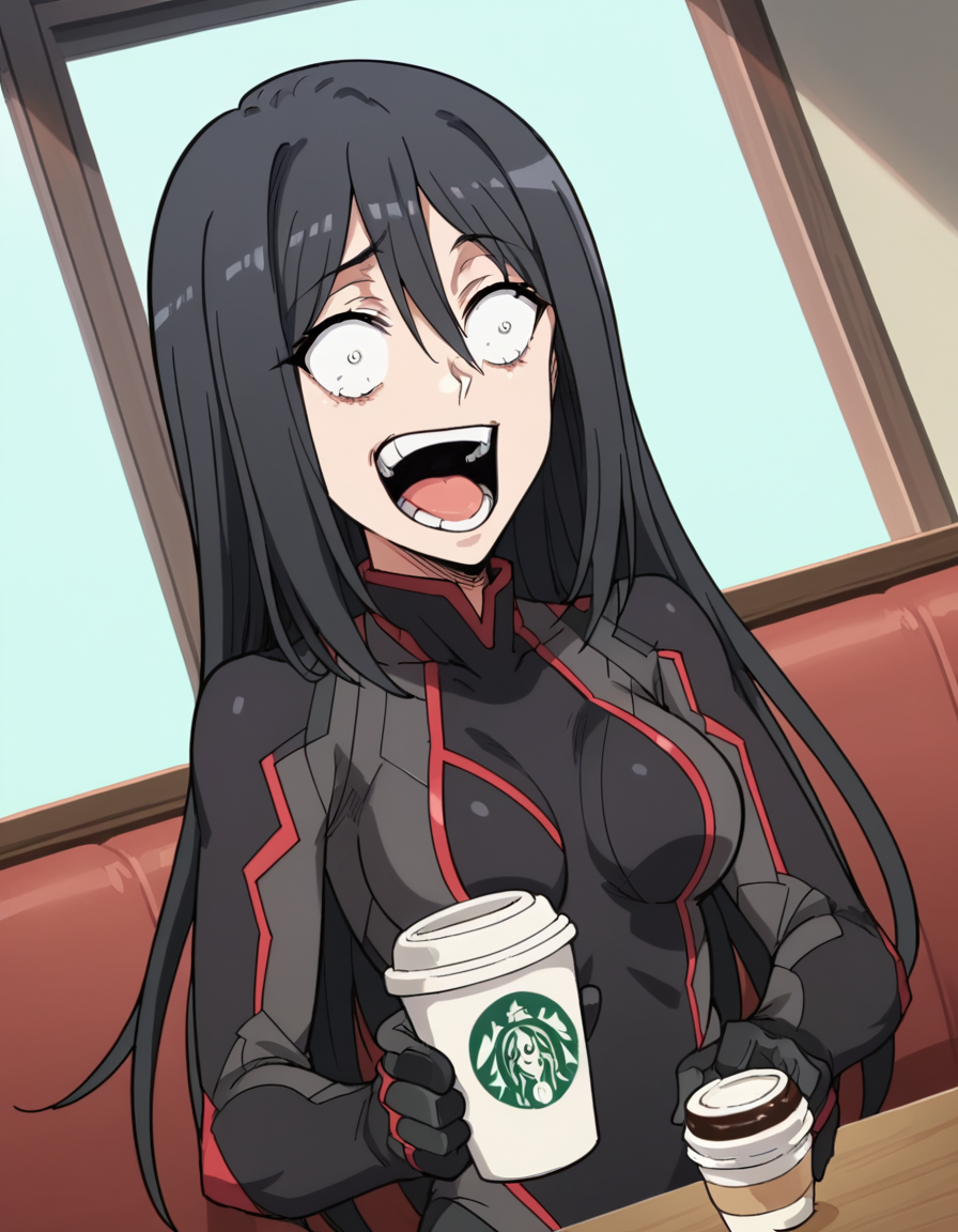 score_9, score_8_up, score_7_up, source_anime, <lora:shutaura-sequenzia-movie-ponyxl-lora-nochekaiser:1>, shutaura sequenzia, long hair, black hair, black eyes, hair between eyes, anime screencap,, bodysuit, black bodysuit, pilot suit, cafe, coffee cup, barista, sitting down, talking, relaxing, sunlight through window, smile, <lora:enel-face-ponyxl-lora-nochekaiser:1> enel face, open mouth, wide-eyed, teeth, tongue,, looking at viewer, solo,, dutch angle, cowboy shot