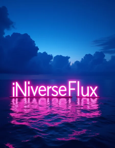 Neon glowing words "iNiverse Flux" float on the sea surface,clouds,neon lighting,
