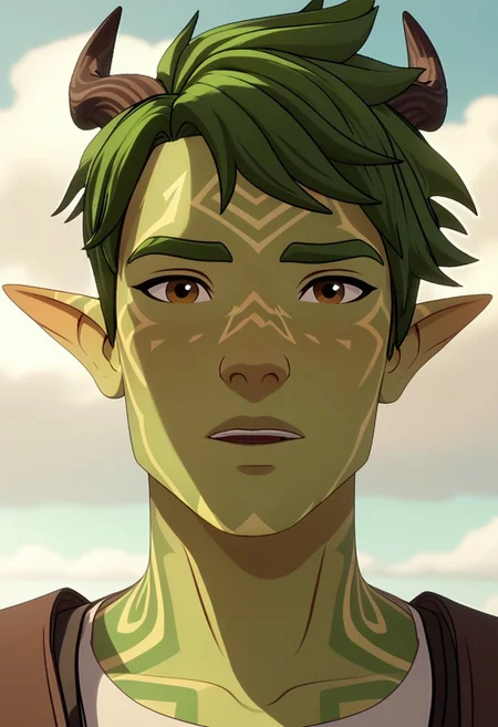 Score_9, Score_8, Score_7, TDPStyle, Terry, Elf, Green Magic Skin, Horns, Green Hair, close up