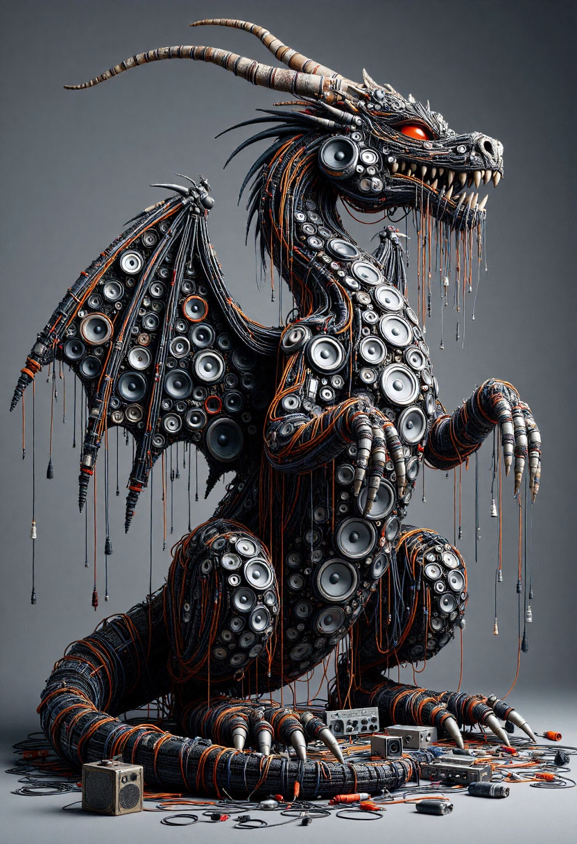 <lora:Audio_Artisan_FLUX:0.9>
Realistic photo of a dragon made entirely of various electronic components and audio equipment.