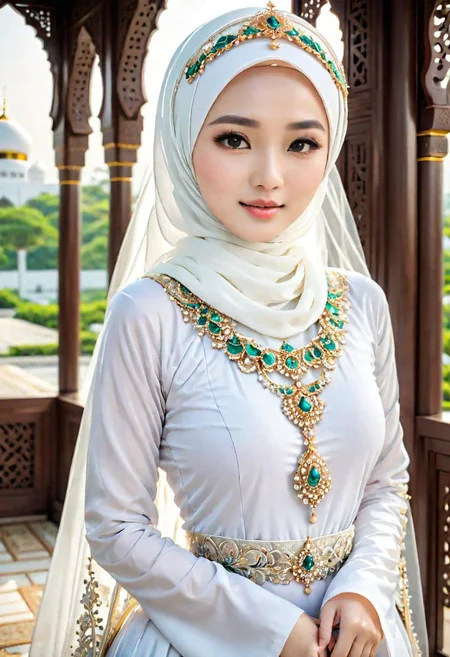a asian woman posing a picture of wedding wearing wedding set and white hijab, have queen attire, wedding decoration scene, wrong, BadDream, hijabdress, krface1
