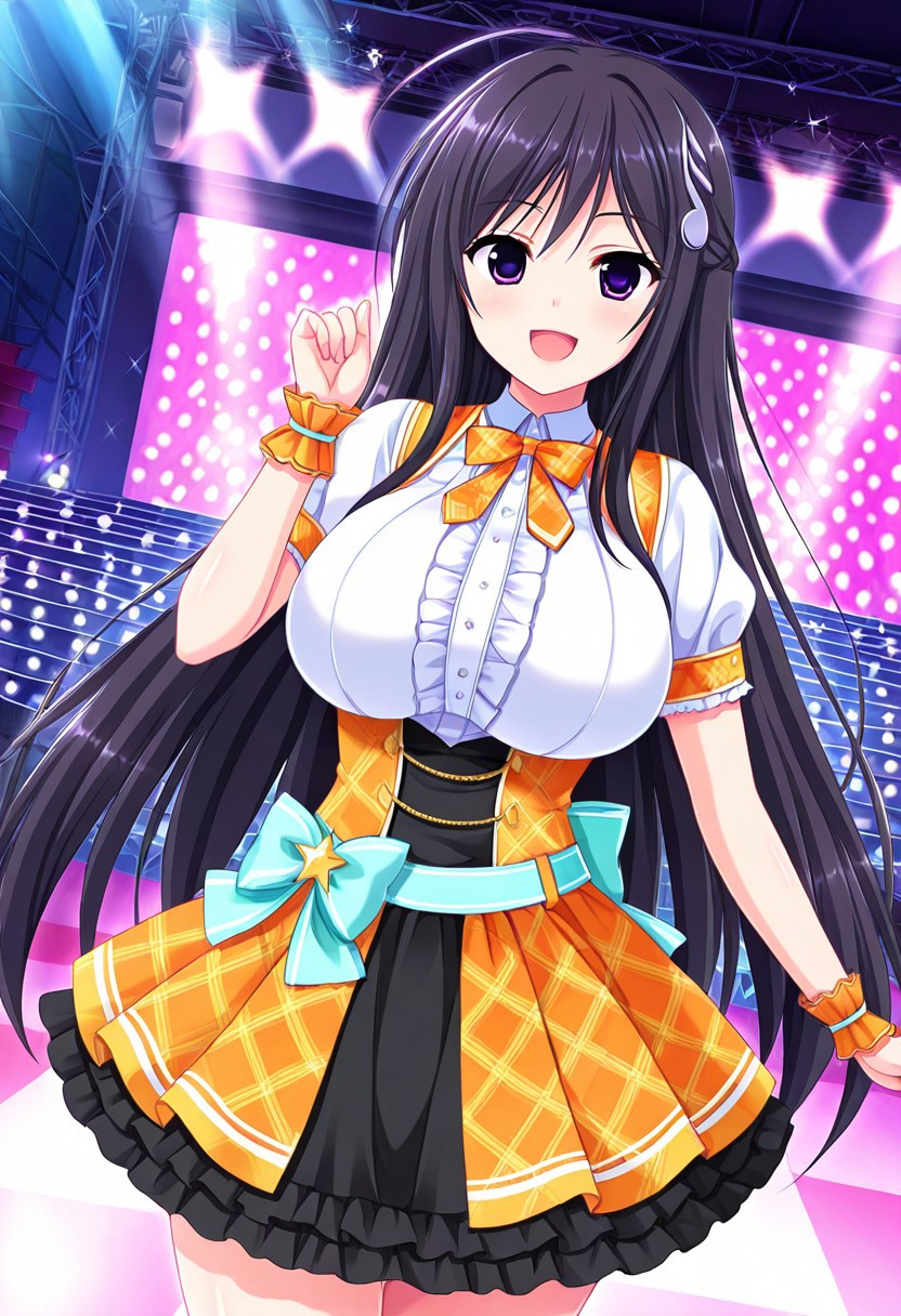 general,highres, ultra-detailed,very aesthetic,best quality ,best hands,best eyes,easynegative,
dynamic anglre, dutch angle, anime cloring,anime screencap,
1girl solo,looking at viewer,on stage,concert hall,open mouth,smile,dancing,
Amane Hoshizaki,black hair,long hair,hair orname t,ahoge,purple eyes,huge breasts,idol costume,