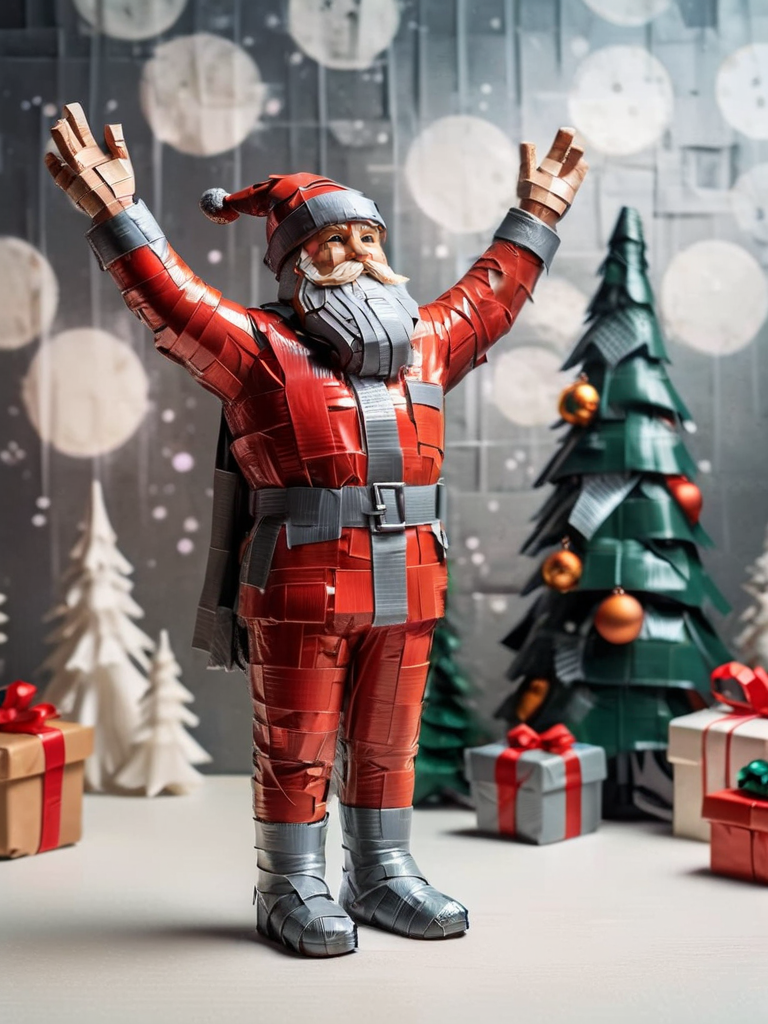 suprematism style Santa claus celebrating christmas, reindeer, tree, presents, background bokeh, christmas time, made of ral-ducttape <lora:ral-ducttape-sdxl:1>