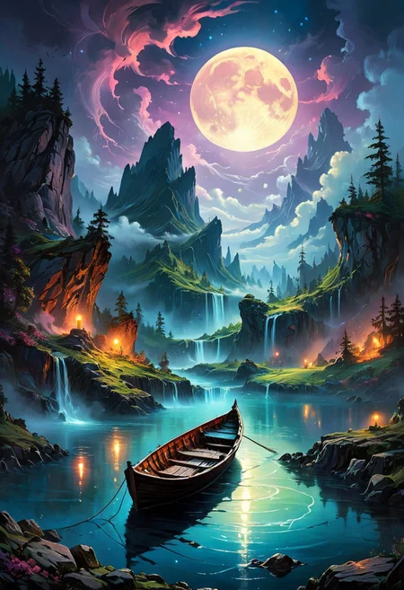 flat art, surreal, Under the eerie glow of a full moon, a dark and ominous landscape unfolds. A vibrant, colorful boat floats on the serene lake, its vivid hues contrasting starkly with the foreboding atmosphere. In the background, a waterfall cascades down jagged rocks, the water glistening in the moonlight. Thick, swirling clouds loom overhead, adding to the sense of an evil presence. The moonlight filters through the clouds, casting an otherworldly glow over the scene. A falling star streaks across the sky, adding a touch of mysticism to the night. The air is thick with a sense of ancient secrets and dark magic, as if the very night is alive with hidden power. As daylight breaks, light glows on the landscape, illuminating the boat and the surrounding scenery with a surreal brightness. [romantic impressionism,dream scenery art,beautiful oil matte painting,romantic,style of thomas kinkade,beautiful digital painting,anime landscape,romantic painting,dreamlike digital painting,colorful painting,beautiful gorgeous digital art,style of greg rutkowski,janek sedlar,jenny saville:0] <lora:vivid_everclear:0.6> <lora:Sinozick:0.65>