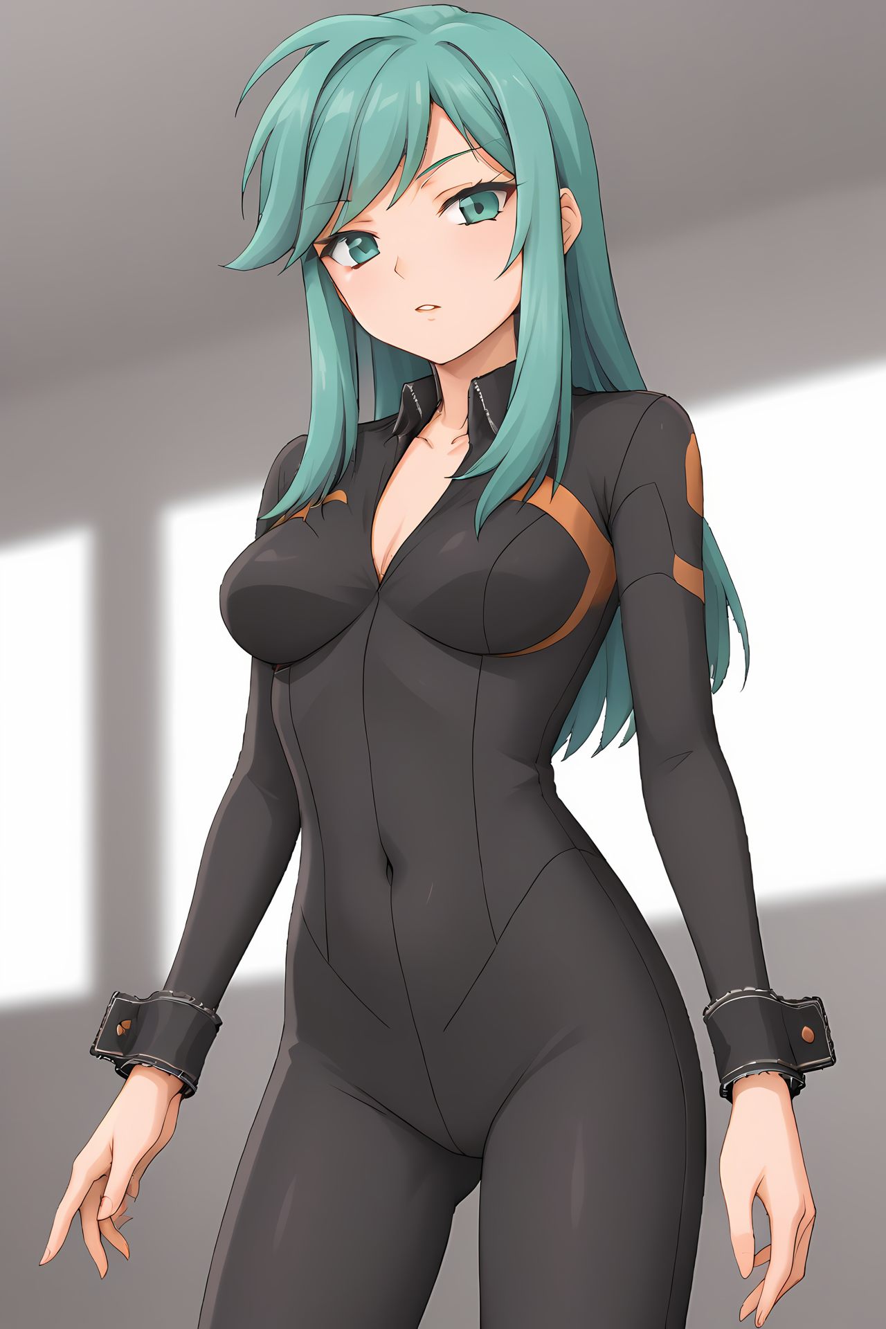 (black bodysuit wrist cuffs:1.60), cra-billy, green eyes, eyeliner, green hair, bangs, swept bangs, long hair, sidelocks, 
medium breasts, 1girl, solo, skinny, (source_anime, score_9, score_8_up, score_8, score_7_up), score_7, score_6_up, score_6, score_5_up, score_5, 
(horny:1.30),
(indoors:0.80),
(straight-on:1.60), (:1.20),
<lora:cra-billy-V04:0.80>