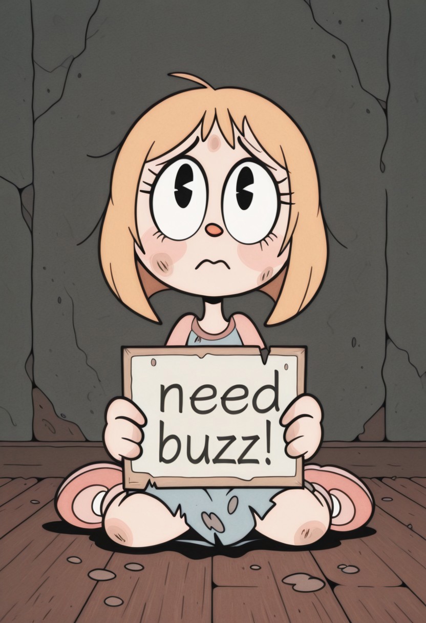 RetroXL, 1girl, toon \(style\), general, flat color, black eyes, sitting on floor, torn clothes, messy, dirty clothes, sad, need_buzz, holding sign, looking up at viewer, masterpiece, very aesthetic, absurdres