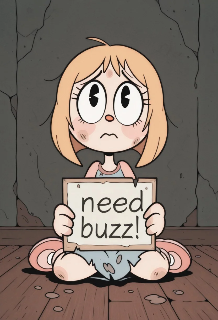 RetroXL, 1girl, toon \(style\), general, flat color, black eyes, sitting on floor, torn clothes, messy, dirty clothes, sad, need_buzz, holding sign, looking up at viewer, masterpiece, very aesthetic, absurdres