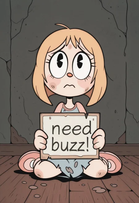 RetroXL, 1girl, toon \(style\), general, flat color, black eyes, sitting on floor, torn clothes, messy, dirty clothes, sad, need_buzz, holding sign, looking up at viewer, masterpiece, very aesthetic, absurdres