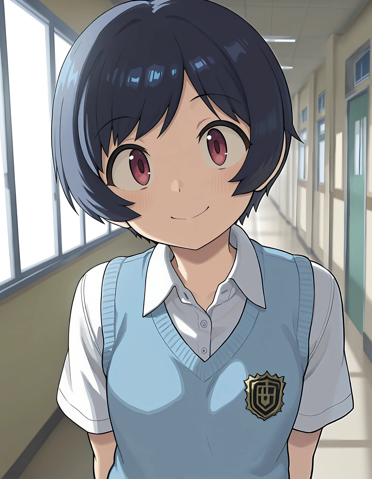 1girl, solo, kanakochan, smile,
school uniform, blue vest, sweater vest, short sleeves, white shirt, hallway, indoors, portrait, upper body, looking at viewer, BREAK ((ultra-detailed)), ((best quality)), ((beautiful eyes)), ((extremely detailed)), 4K, (8K), best quality, (beautiful), Master piece, highres, best quality, official art, highres, masterpiece, detailed background, high quality background