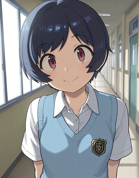 1girl, solo, kanakochan, smile,
school uniform, blue vest, sweater vest, short sleeves, white shirt, hallway, indoors, portrait, upper body, looking at viewer, BREAK ((ultra-detailed)), ((best quality)), ((beautiful eyes)), ((extremely detailed)), 4K, (8K), best quality, (beautiful), Master piece, highres, best quality, official art, highres, masterpiece, detailed background, high quality background