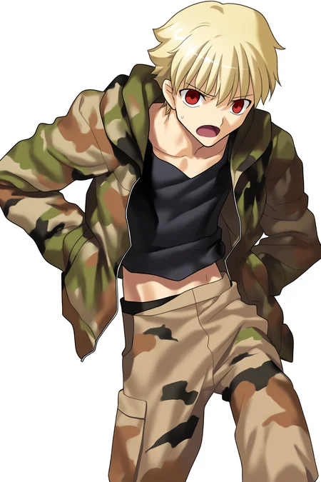 fatesnha, oekaki, solo, short hair, blonde hair, 1boy, red eyes, male focus, midriff, hood, sweatdrop, crop top, hoodie, transparent background, casual, camouflage, child gilgamesh \(fate\), 
(masterpiece, best quality, absurdres, highres, newest, very awa:1.2), 