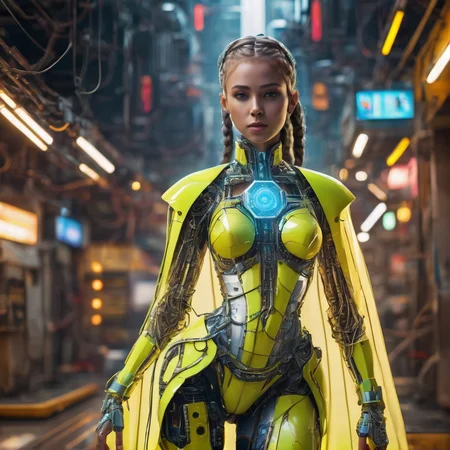 girl, woman, age 32, braided hair, full body, asymmetrical fashion, cape made of neon wires, yellow plate armor, wearing a crystalline circuit board style pendant, detailed face, realistic, exposed circuitry, android, scifi fantasy scene setting, scifi, cyborg, posing, hydraulic pistons, robotic ass